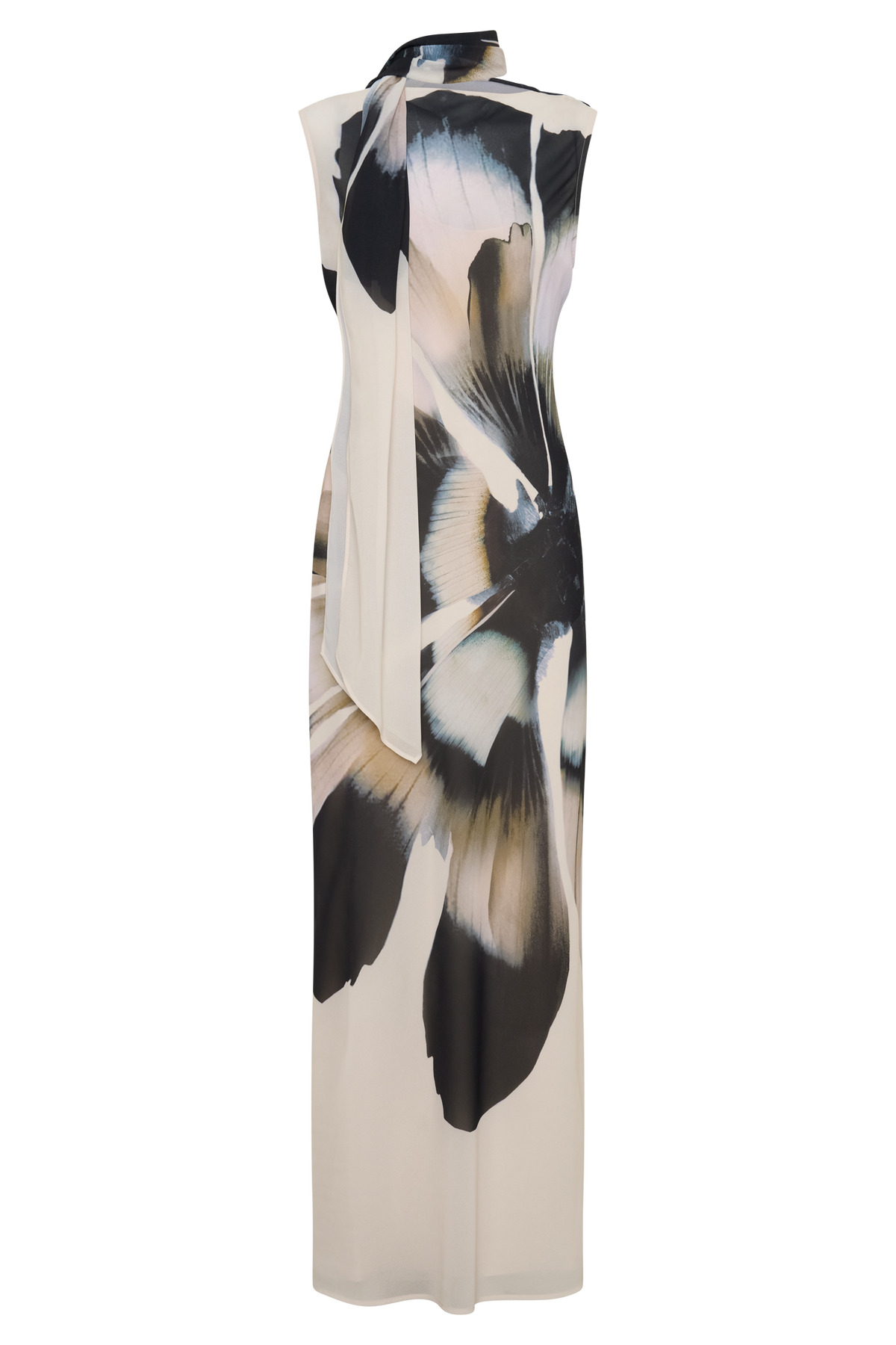 Dakota Chiffon Maxi Dress With Scarf in Ivory Oversized Floral Print – Chic&Drifts
