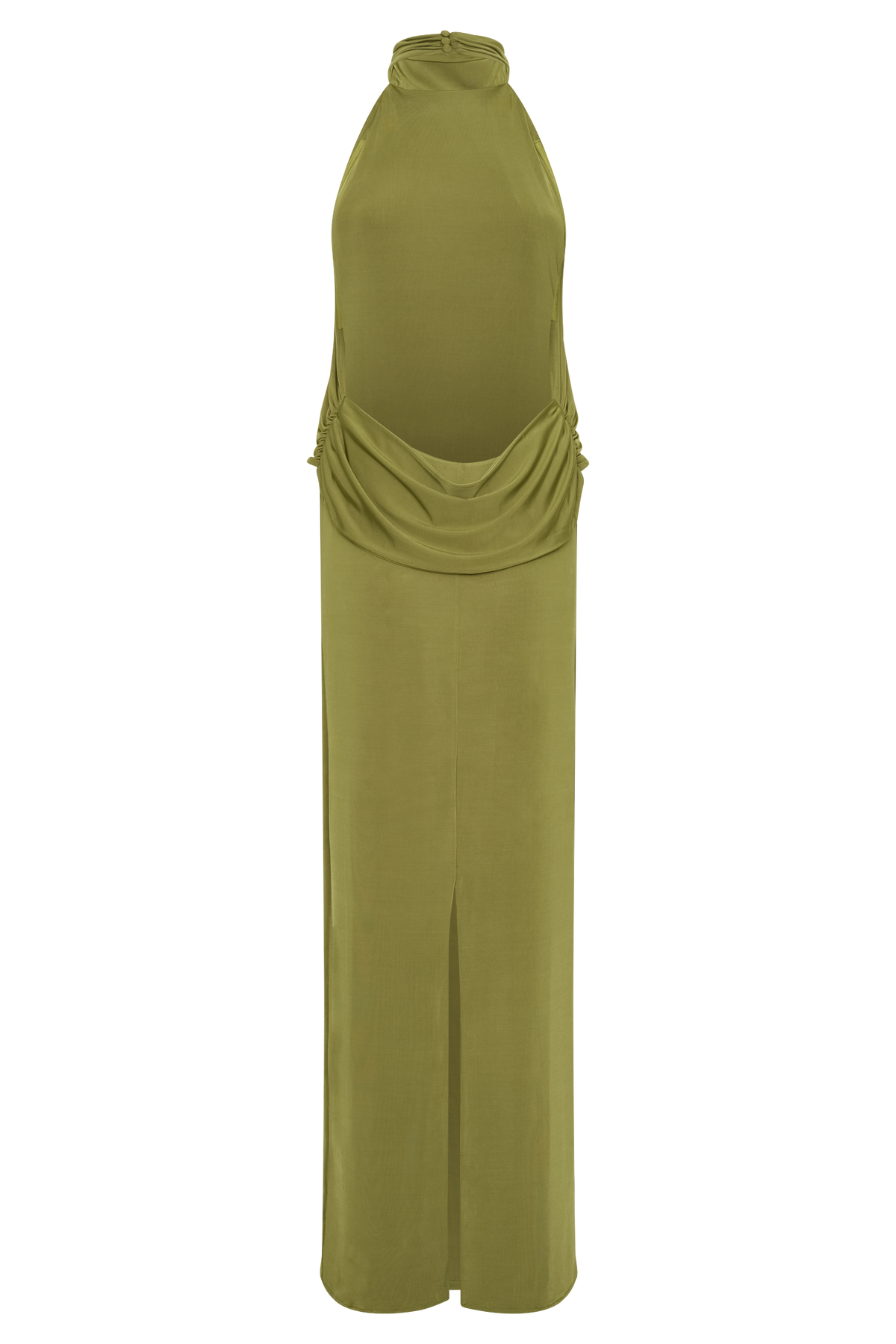 Joan Halter Neck Slinky Maxi Dress in Martini Olive – Chic&Drifts
