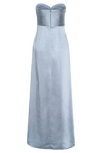 Larissa Satin Maxi Dress With Ruched Petals in Frosted Blue – Chic&Drifts