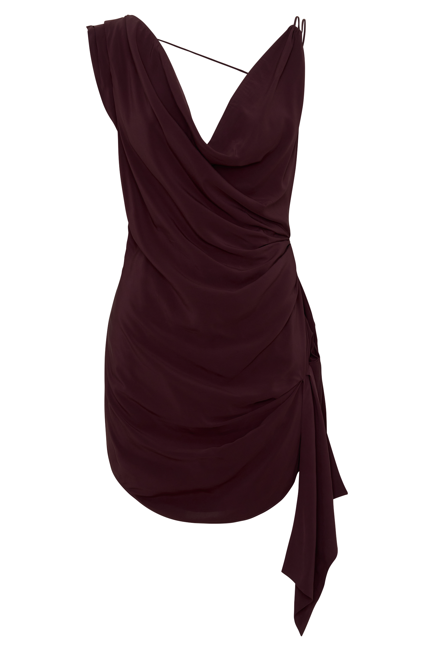 Lucile Cowl Drape Satin Mini Dress in Plum – Chic&Drifts