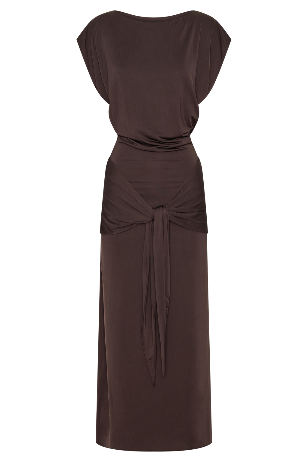 Maiara Shortsleeve Slinky Tie Maxi Dress in Chocolate – Chic&Drifts