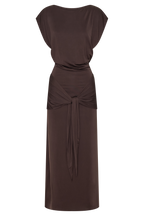Maiara Shortsleeve Slinky Tie Maxi Dress in Chocolate – Chic&Drifts