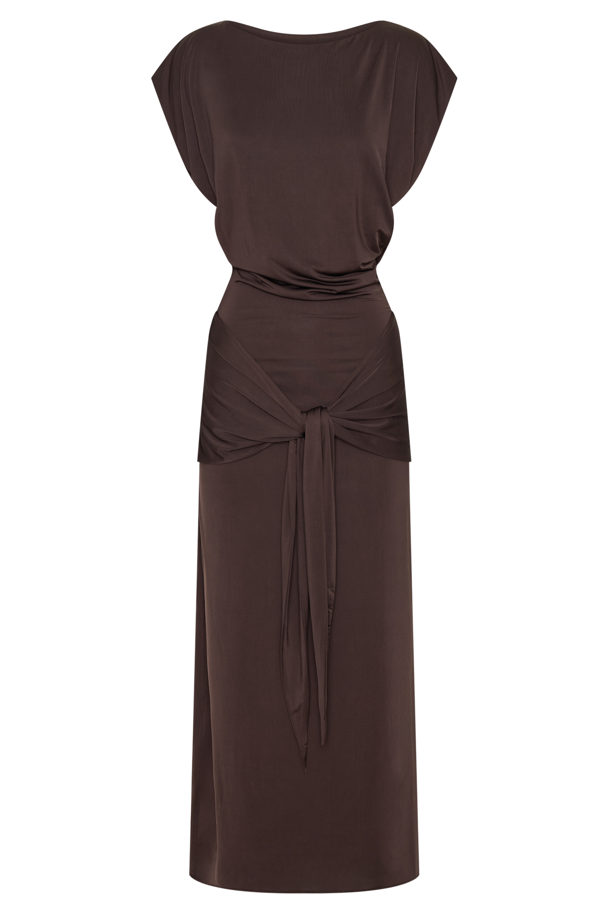 Maiara Shortsleeve Slinky Tie Maxi Dress in Chocolate – Chic&Drifts