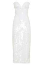 Maisie Strapless Sequin Midi Dress in White – Chic&Drifts
