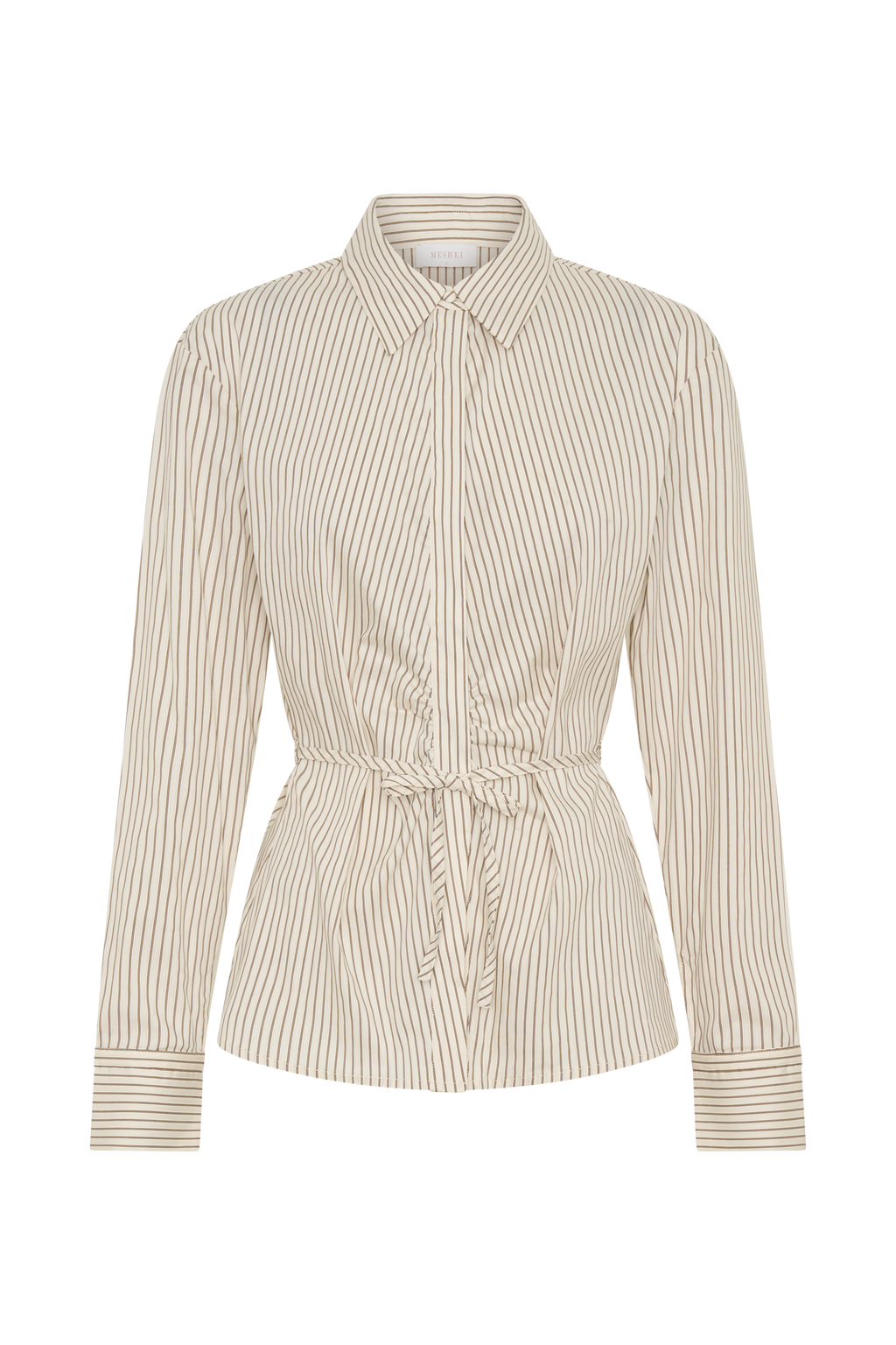 Millie Tie Back Cotton Shirt in Beige Pinstripe – Chic&Drifts
