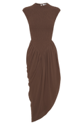 Nola Shirred Asymmetric Midi Dress in Mocha – Chic&Drifts
