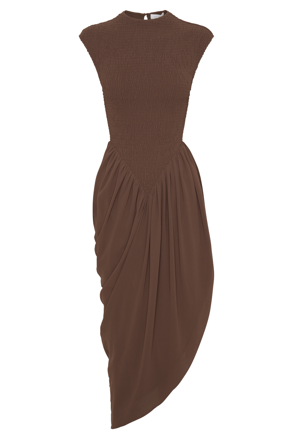 Nola Shirred Asymmetric Midi Dress in Mocha – Chic&Drifts