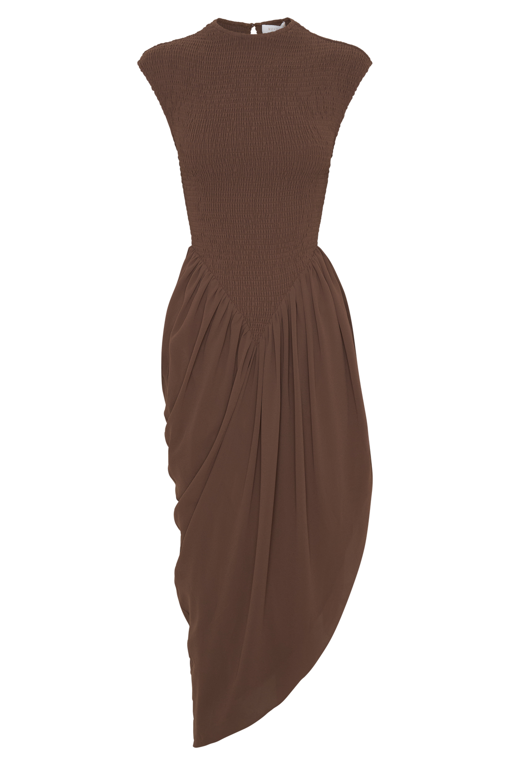 Nola Shirred Asymmetric Midi Dress in Mocha – Chic&Drifts