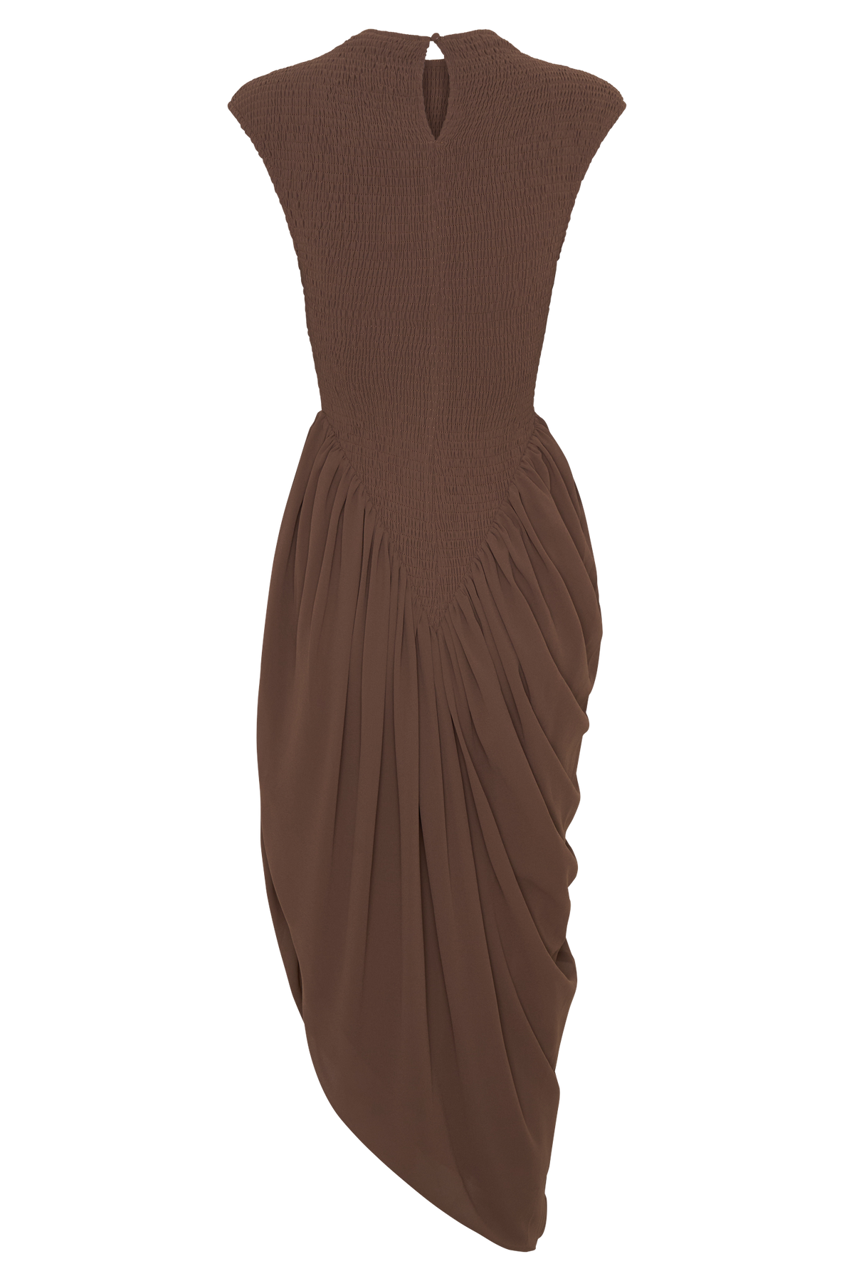 Nola Shirred Asymmetric Midi Dress in Mocha – Chic&Drifts