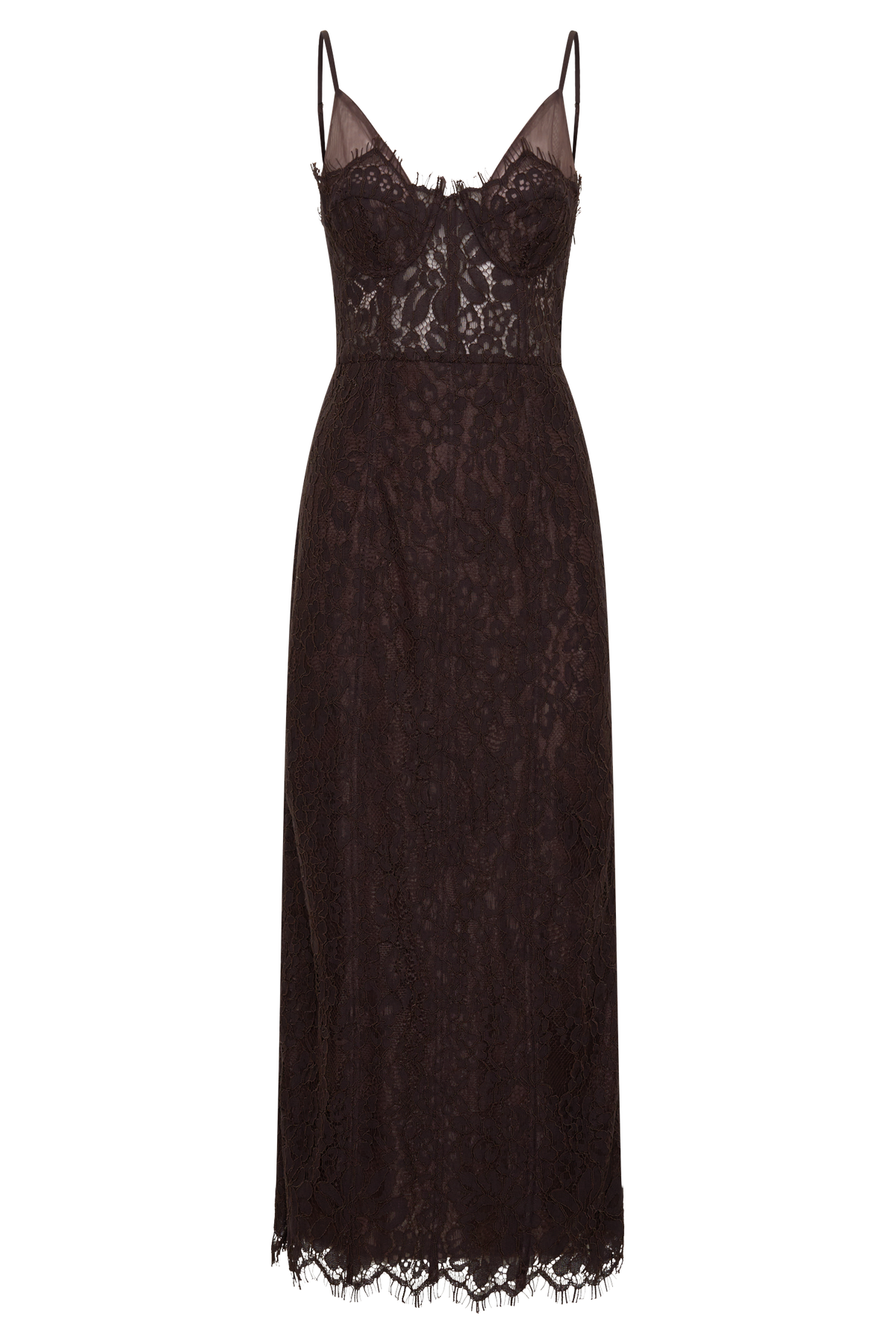 Ottilie Lace And Mesh Midi Dress in Dark Chocolate – Chic&Drifts