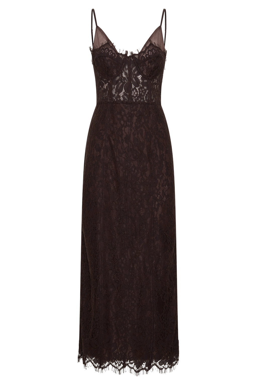 Ottilie Lace And Mesh Midi Dress in Dark Chocolate – Chic&Drifts