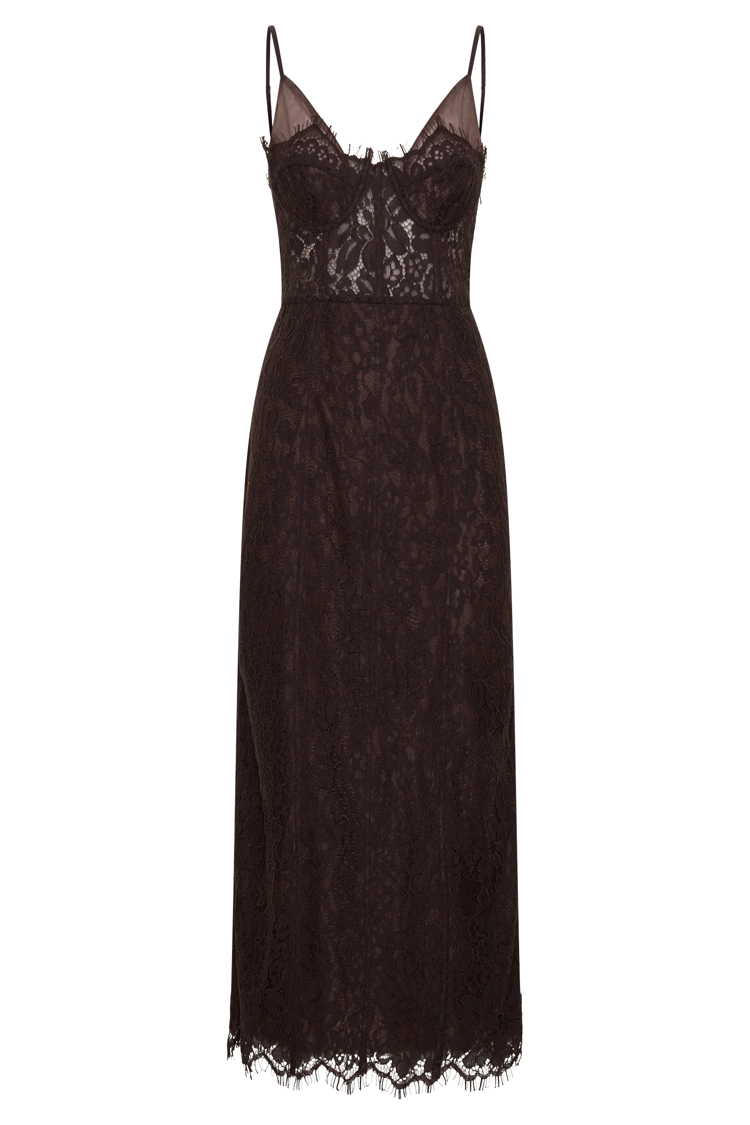 Ottilie Lace And Mesh Midi Dress in Dark Chocolate – Chic&Drifts