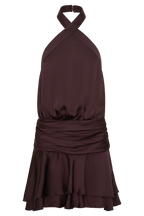 Poppy Satin Halter Mini Dress in Chocolate – Chic&Drifts