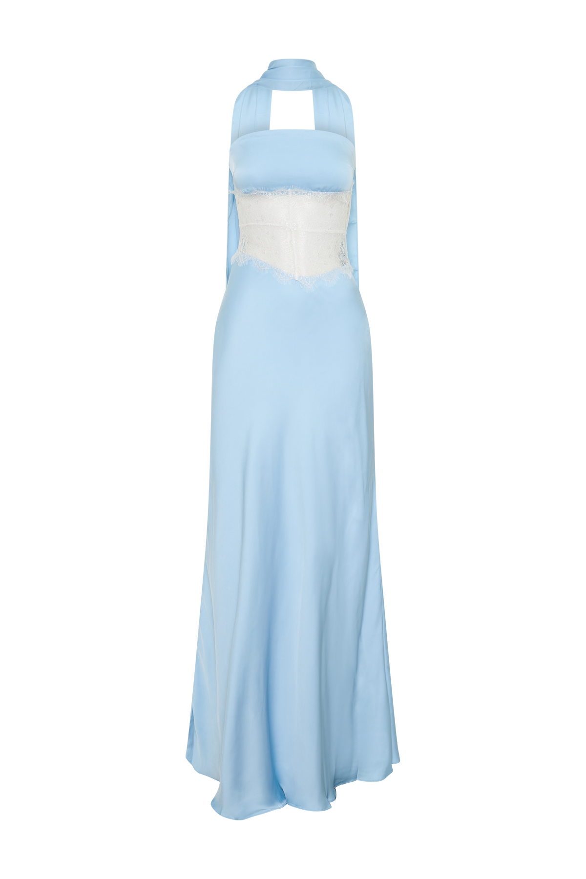 Pilar Strapless Satin And Lace Maxi Dress in Cornflower Blue – Chic&Drifts