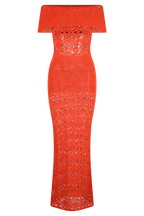 Solstice Off Shoulder Crochet Knit Maxi Dress in Blood Orange – Chic&Drifts