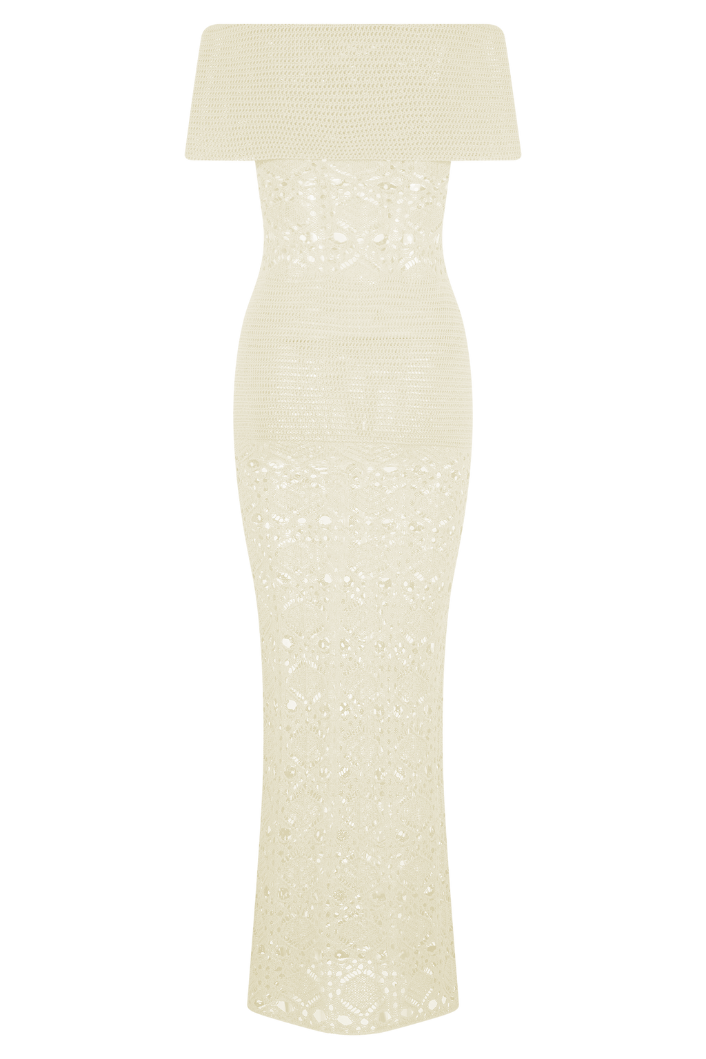Solstice Off Shoulder Crochet Knit Maxi Dress in Ivory – Chic&Drifts