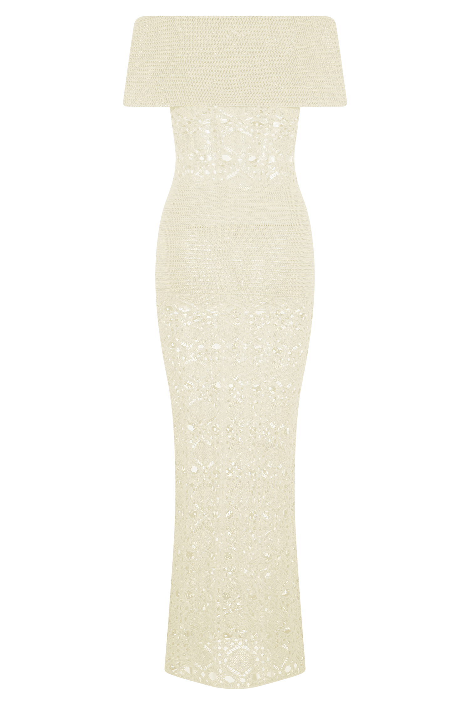 Solstice Off Shoulder Crochet Knit Maxi Dress in Ivory – Chic&Drifts