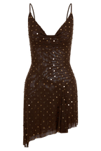 Zahra Diamante Cowl Mini Dress in Chocolate – Chic&Drifts