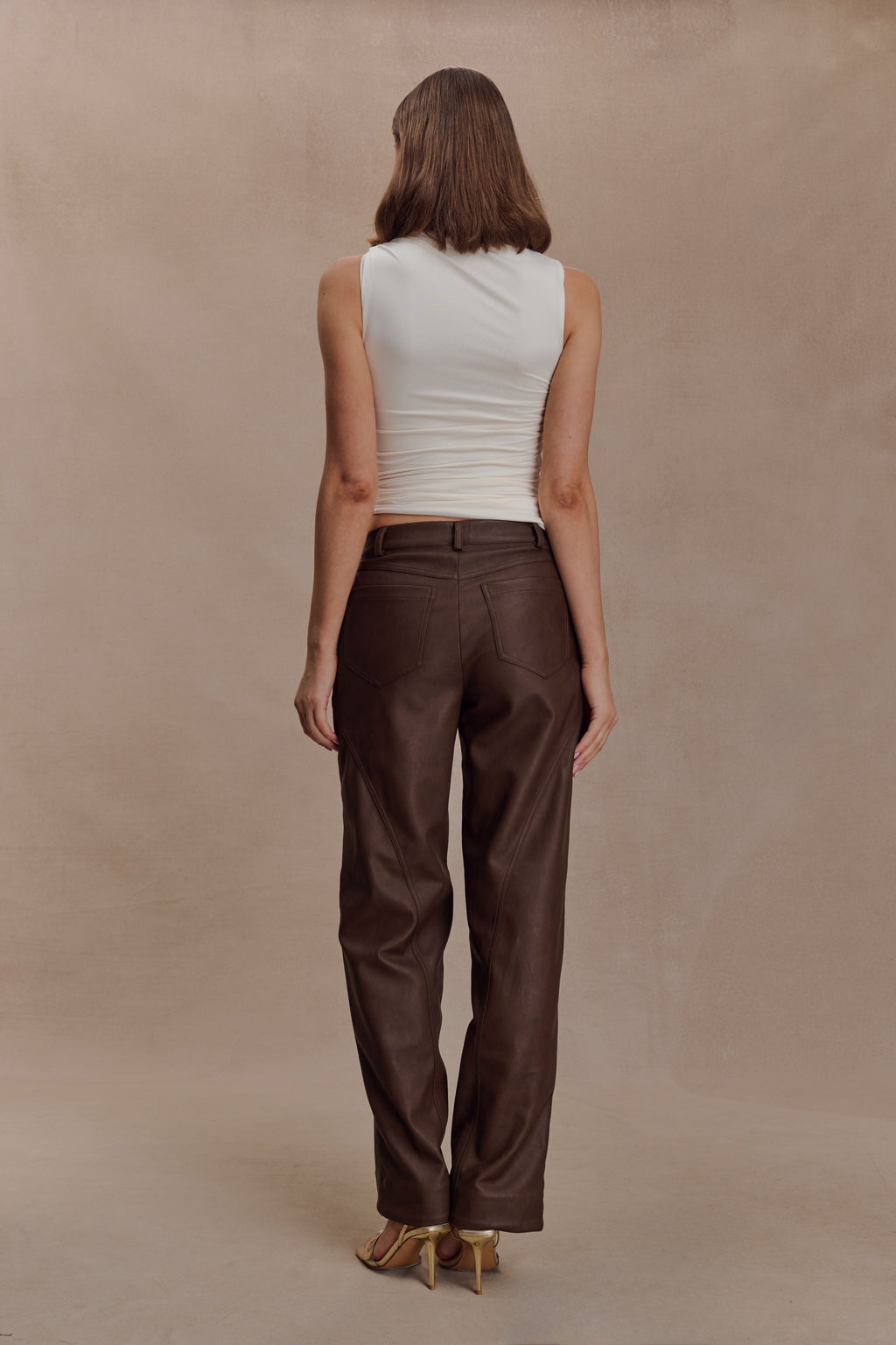 Theo Faux Leather Mid Rise Trousers - Dark Chocolate