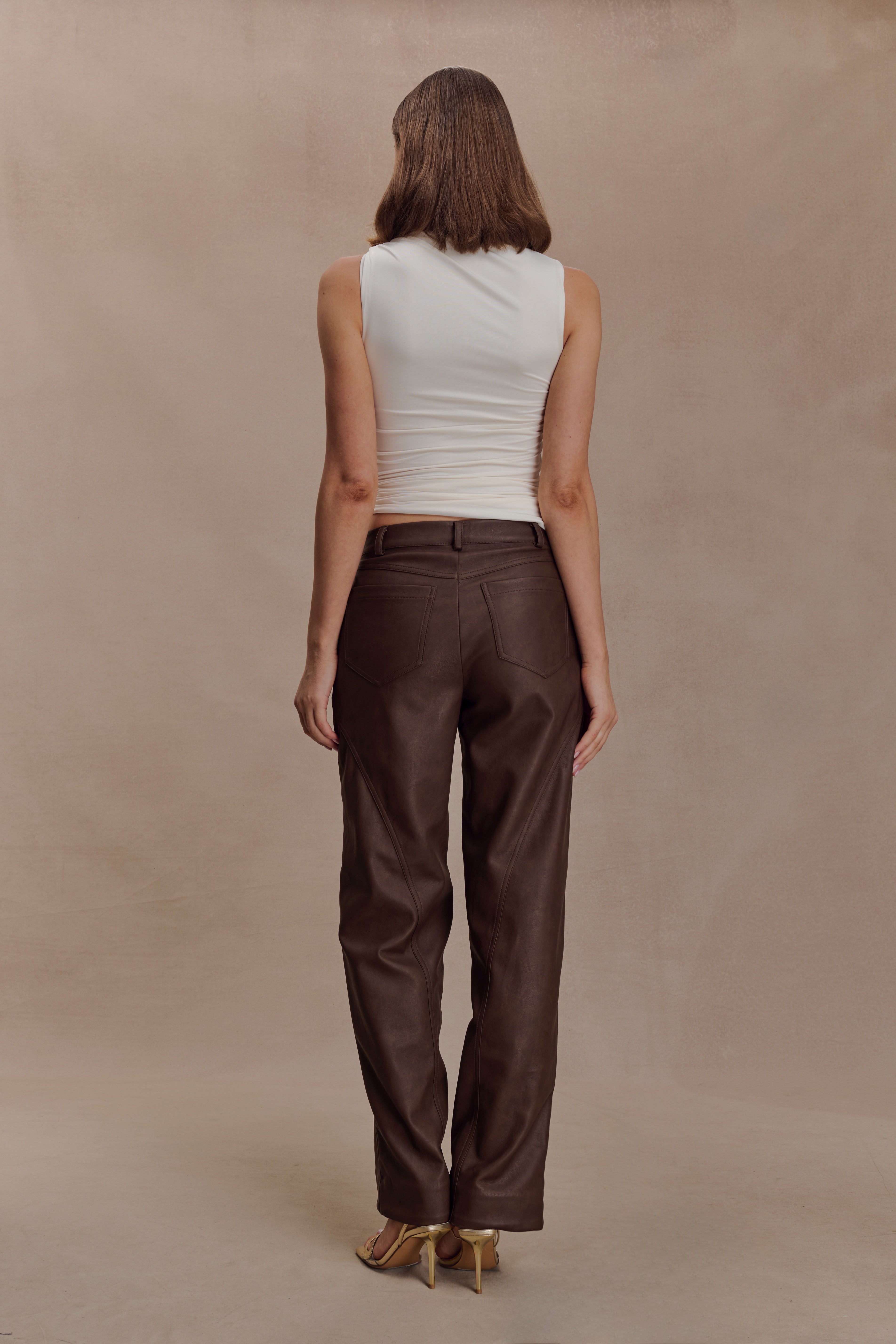Theo Faux Leather Mid Rise Trousers - Dark Chocolate