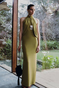 Joan Halter Neck Slinky Maxi Dress in Martini Olive – Chic&Drifts