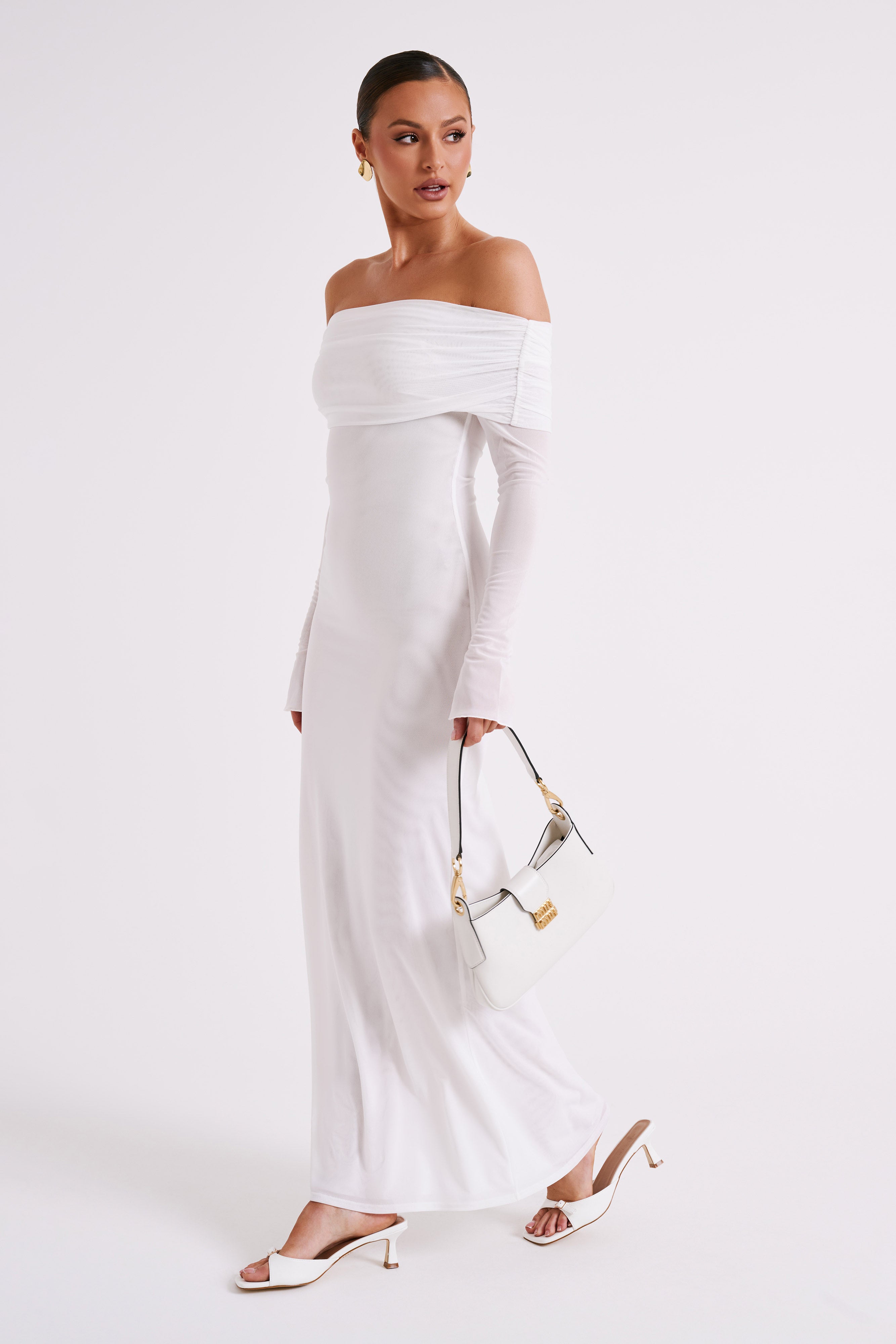 Josie Off Shoulder Mesh Maxi Dress in Ivory – Chic&Drifts