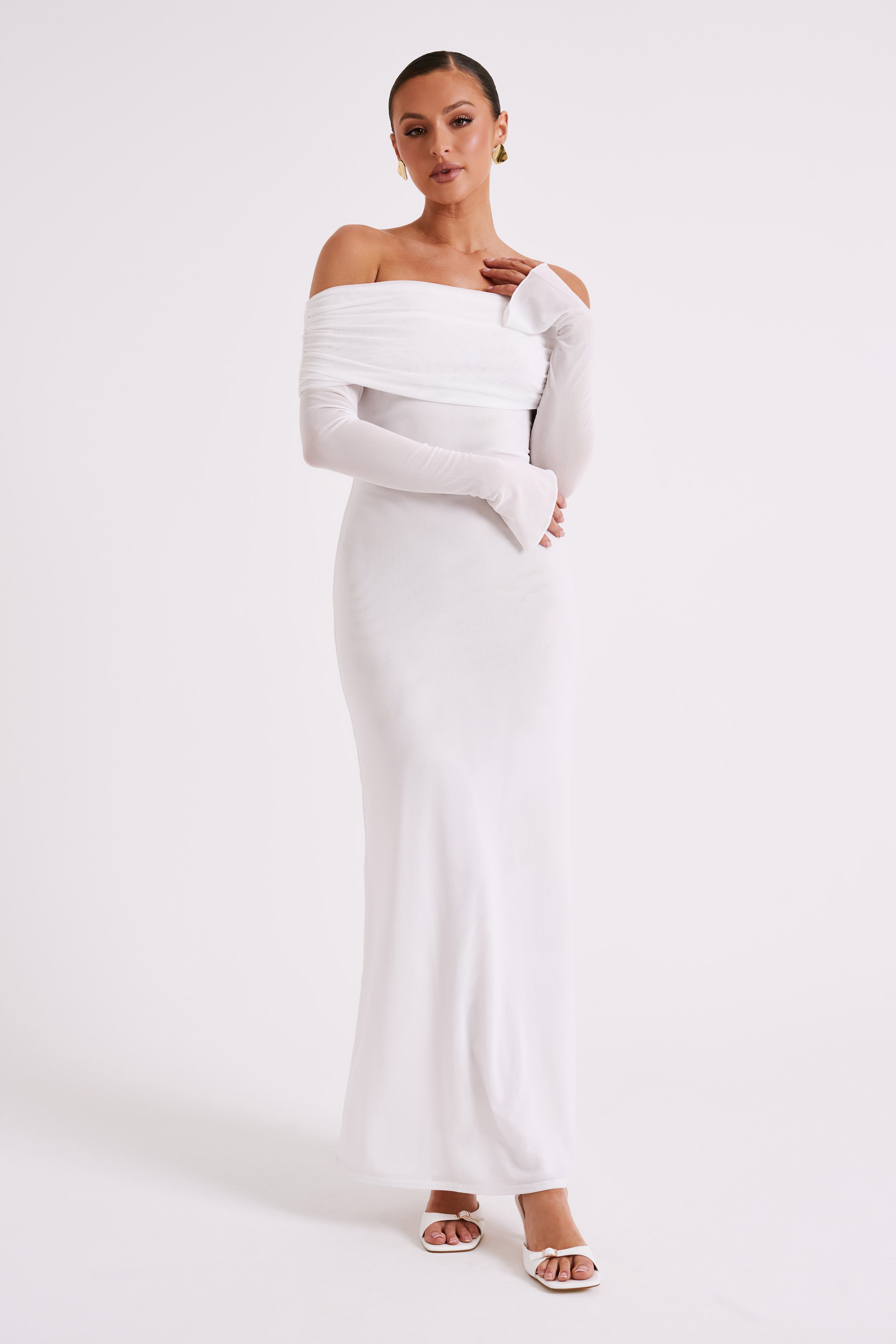 Josie Off Shoulder Mesh Maxi Dress in Ivory – Chic&Drifts