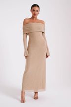 Marcel Off Shoulder Diamante Maxi Dress in Nude – Chic&Drifts