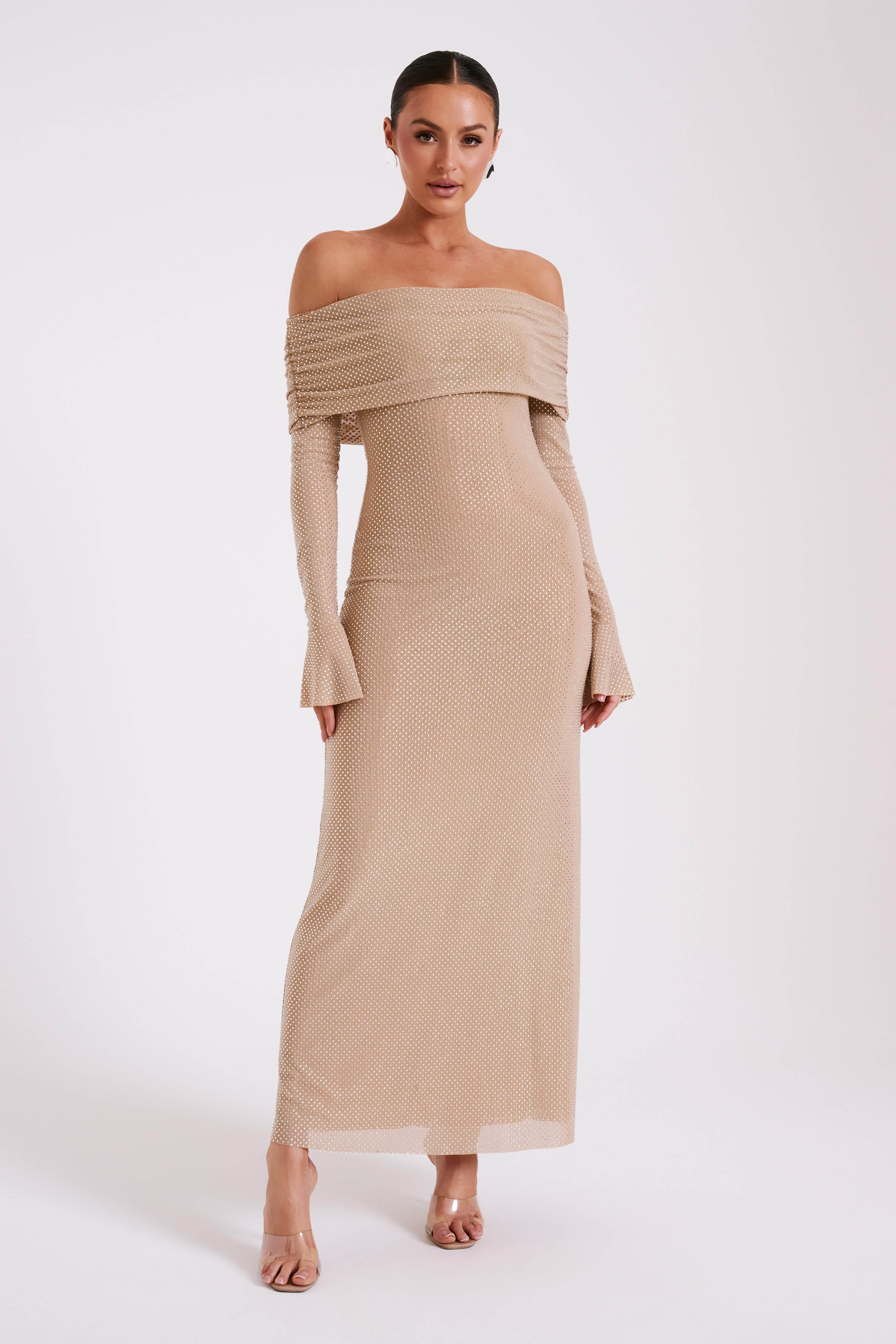 Marcel Off Shoulder Diamante Maxi Dress in Nude – Chic&Drifts