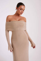 Marcel Off Shoulder Diamante Maxi Dress in Nude – Chic&Drifts