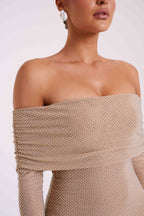 Marcel Off Shoulder Diamante Maxi Dress in Nude – Chic&Drifts