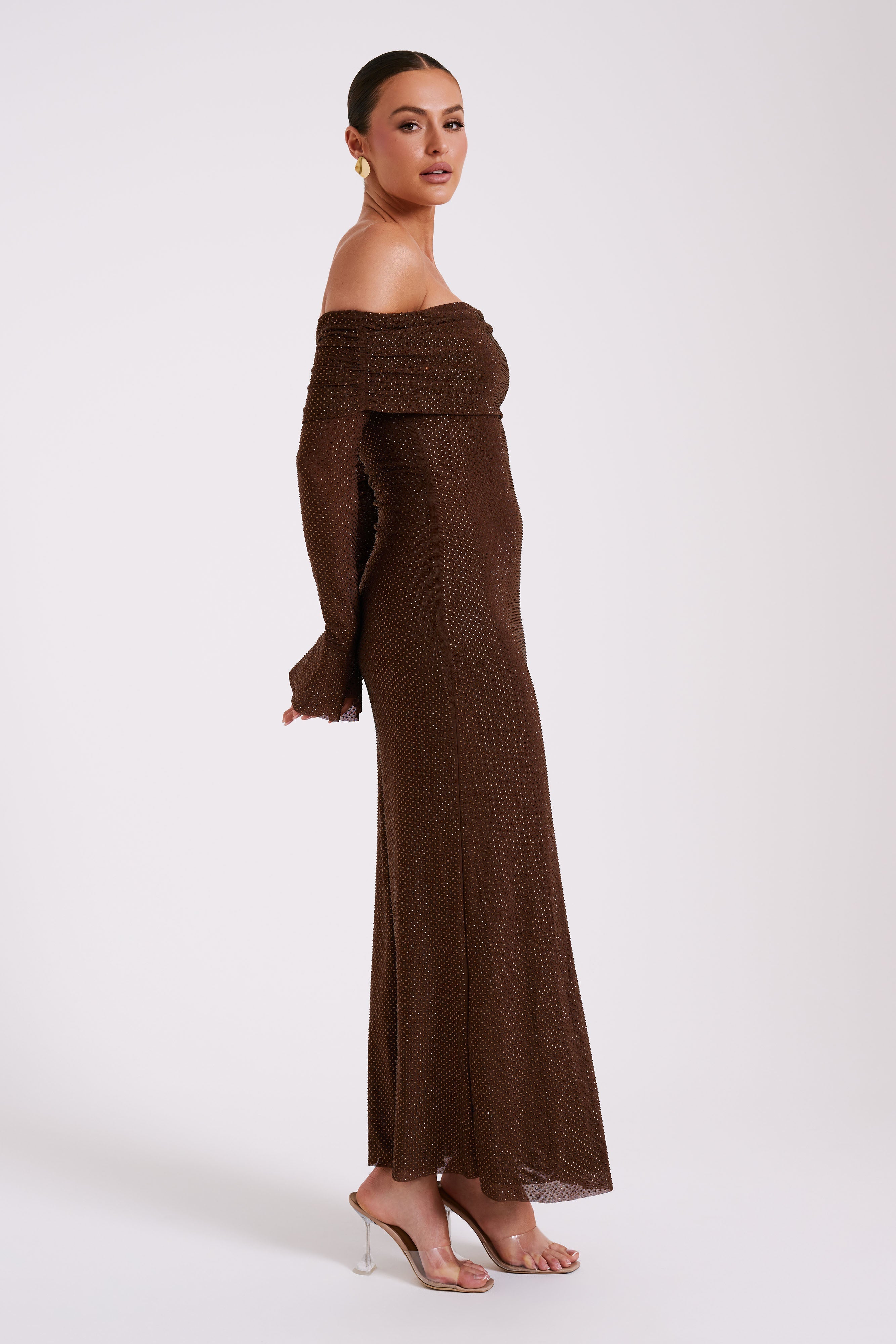 Marcel Off Shoulder Diamante Maxi Dress in Chocolate – Chic&Drifts