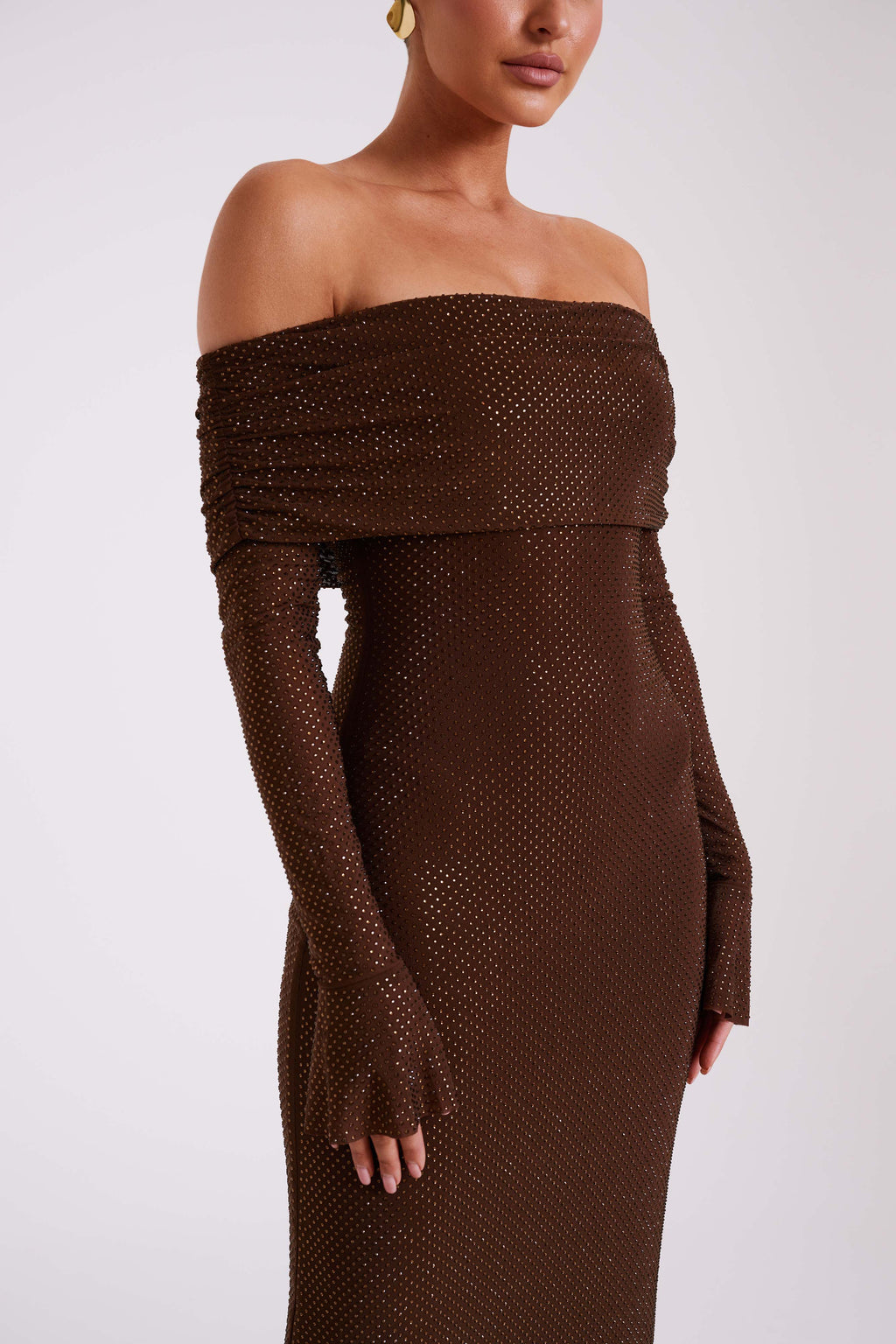 Marcel Off Shoulder Diamante Maxi Dress in Chocolate – Chic&Drifts