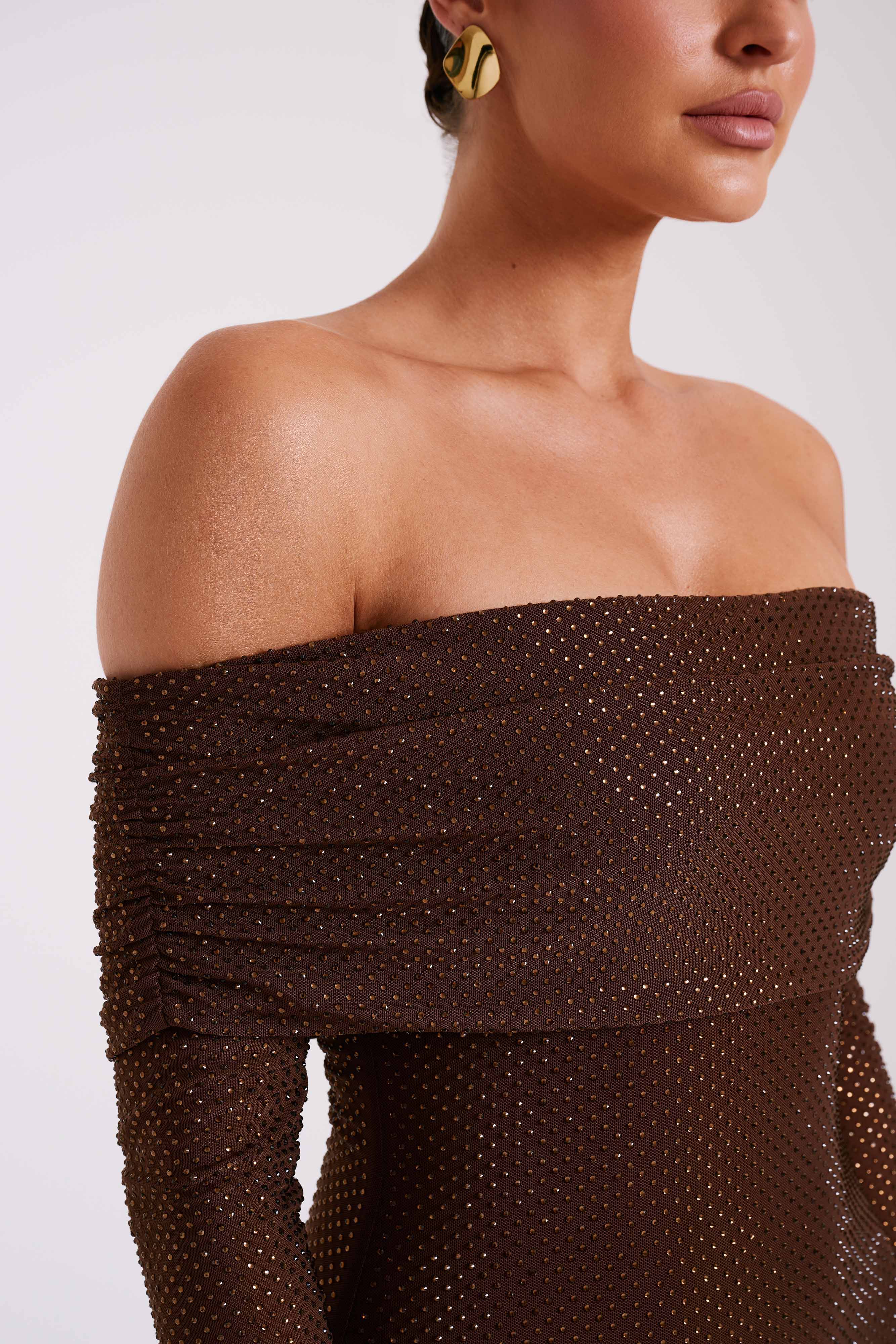Marcel Off Shoulder Diamante Maxi Dress in Chocolate – Chic&Drifts