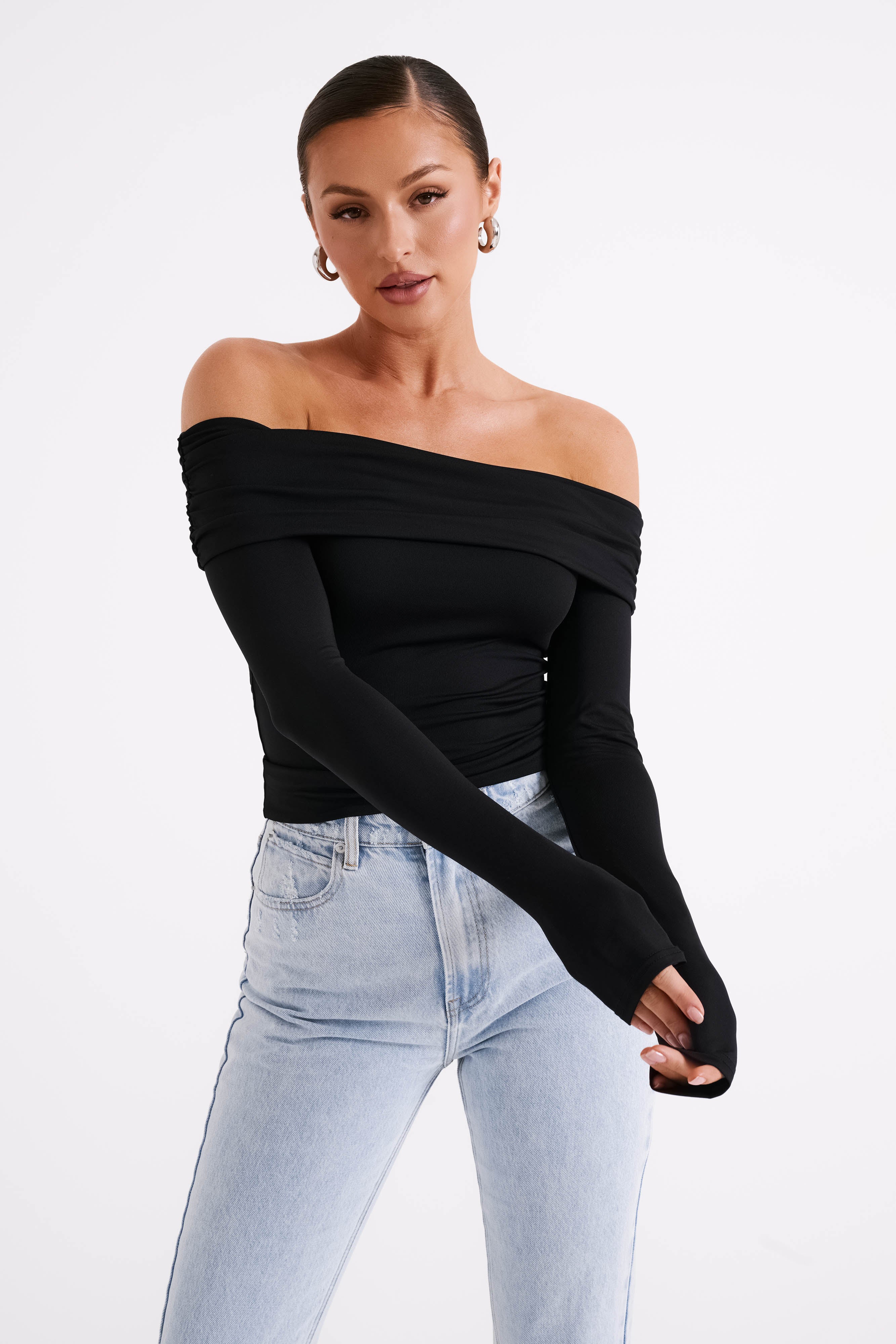 Lucinda Recycled Nylon Off Shoulder Top in Black – Chic&Drifts