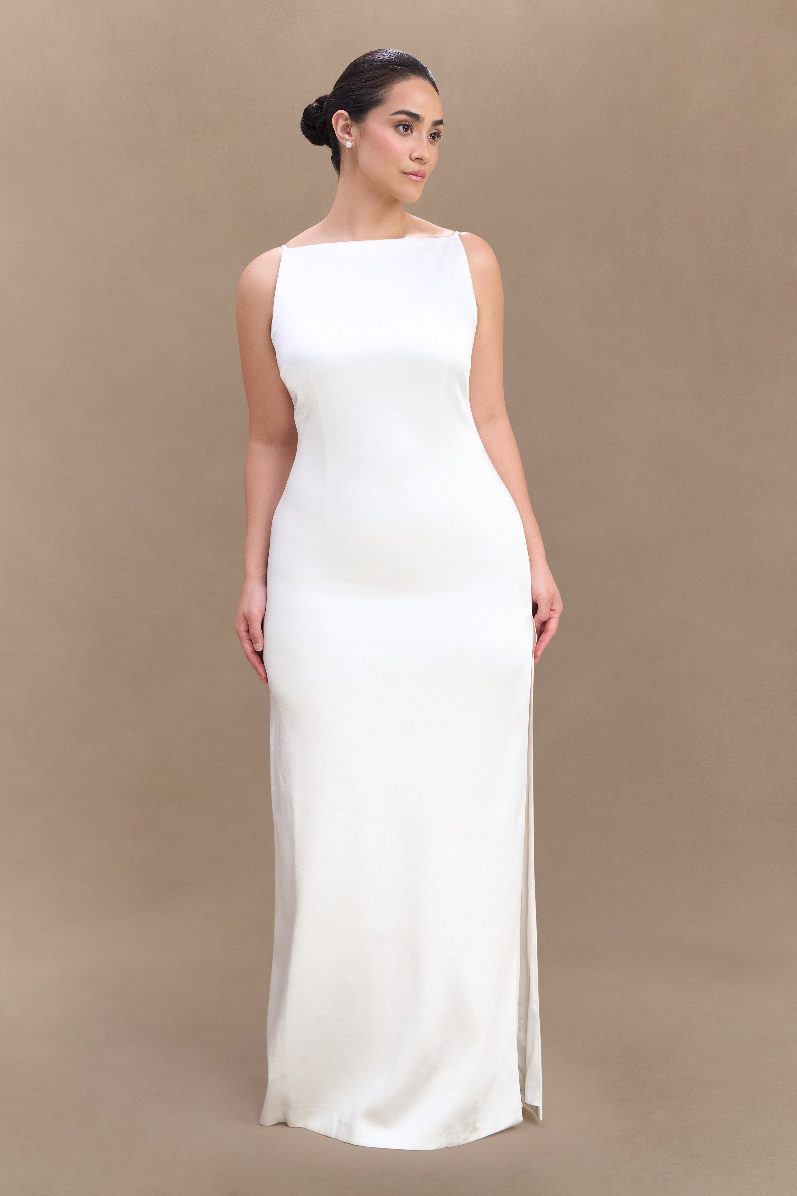 Violet Sleeveless Satin Maxi Dress in White – Chic&Drifts
