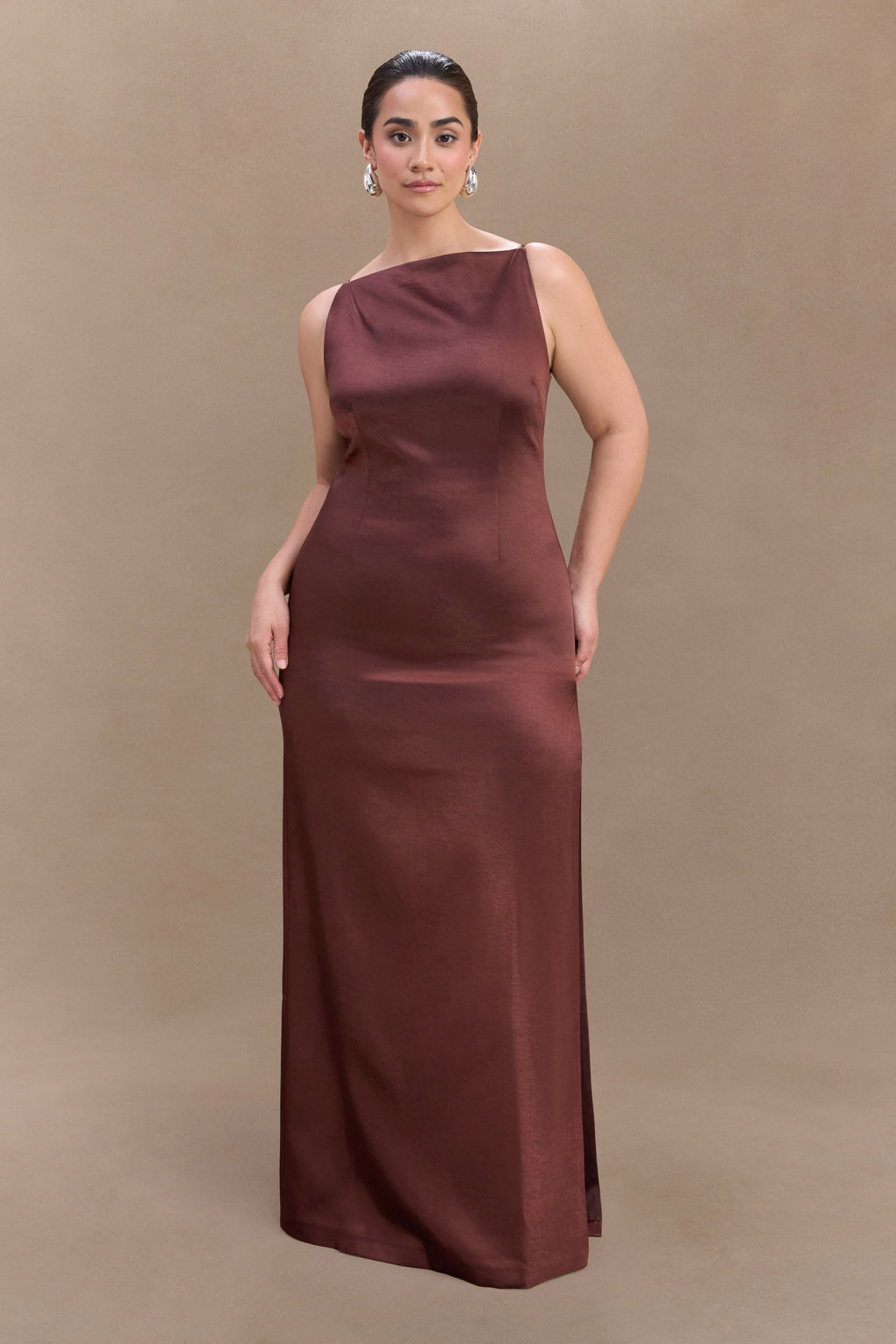 Violet Sleeveless Satin Maxi Dress in Dark Chocolate – Chic&Drifts