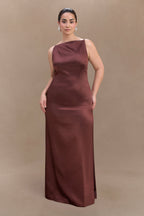 Violet Sleeveless Satin Maxi Dress in Dark Chocolate – Chic&Drifts
