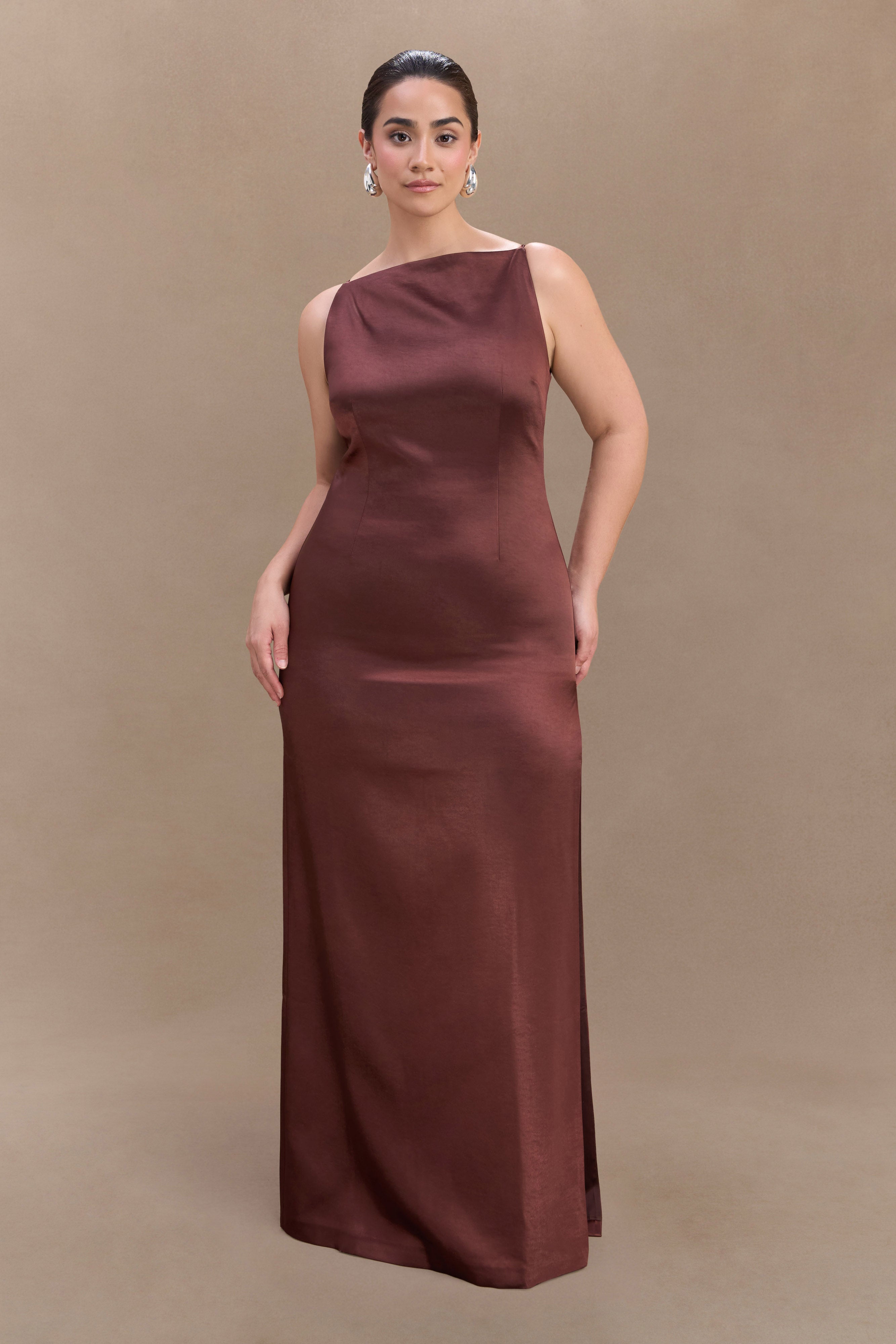 Violet Sleeveless Satin Maxi Dress in Dark Chocolate – Chic&Drifts