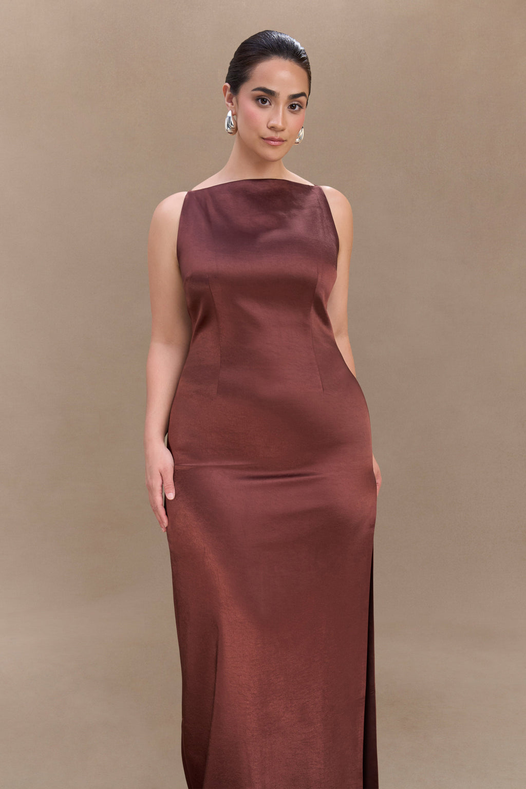Violet Sleeveless Satin Maxi Dress in Dark Chocolate – Chic&Drifts