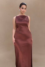 Violet Sleeveless Satin Maxi Dress in Dark Chocolate – Chic&Drifts