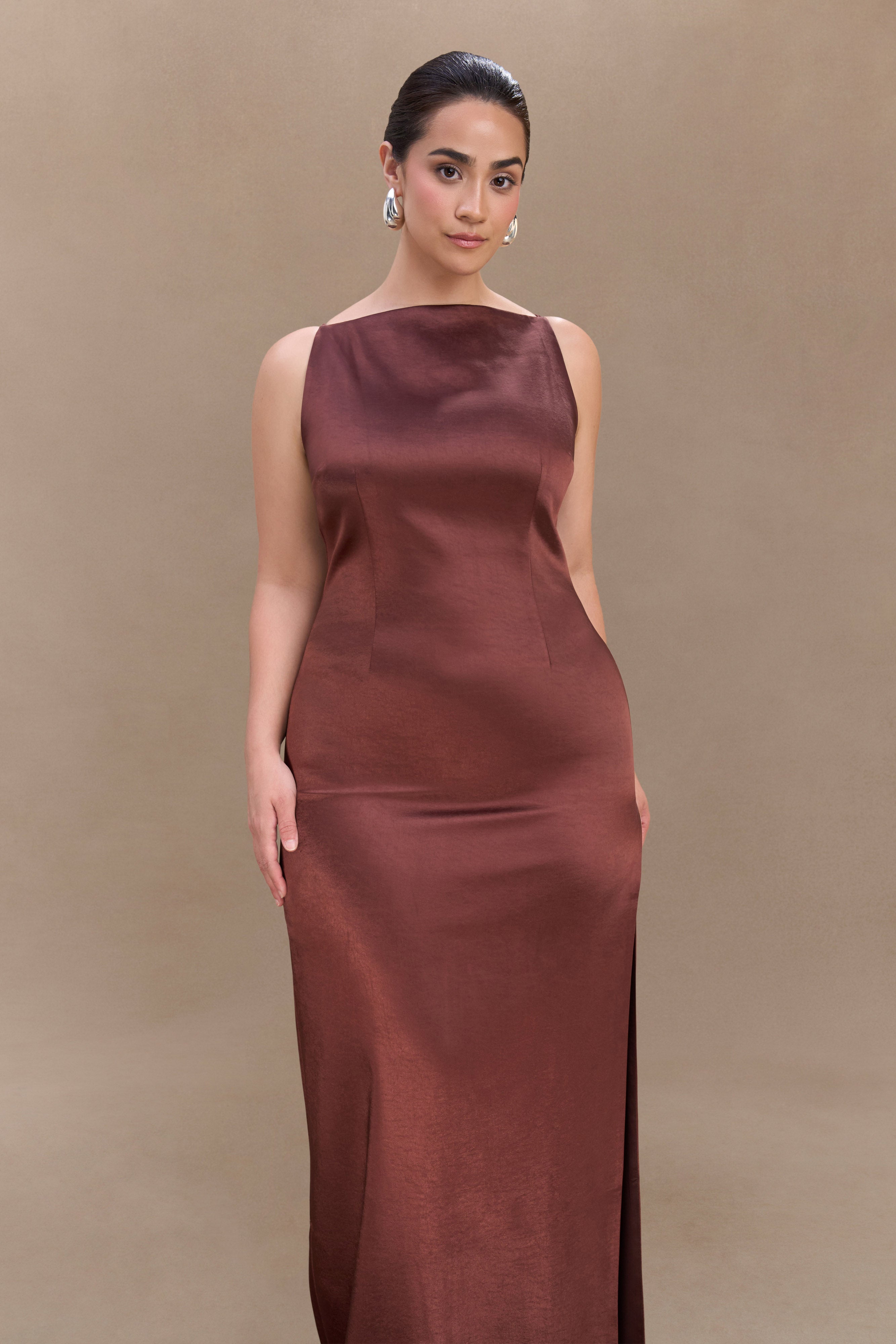 Violet Sleeveless Satin Maxi Dress in Dark Chocolate – Chic&Drifts