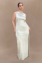 Violet Sleeveless Satin Maxi Dress in Sage – Chic&Drifts