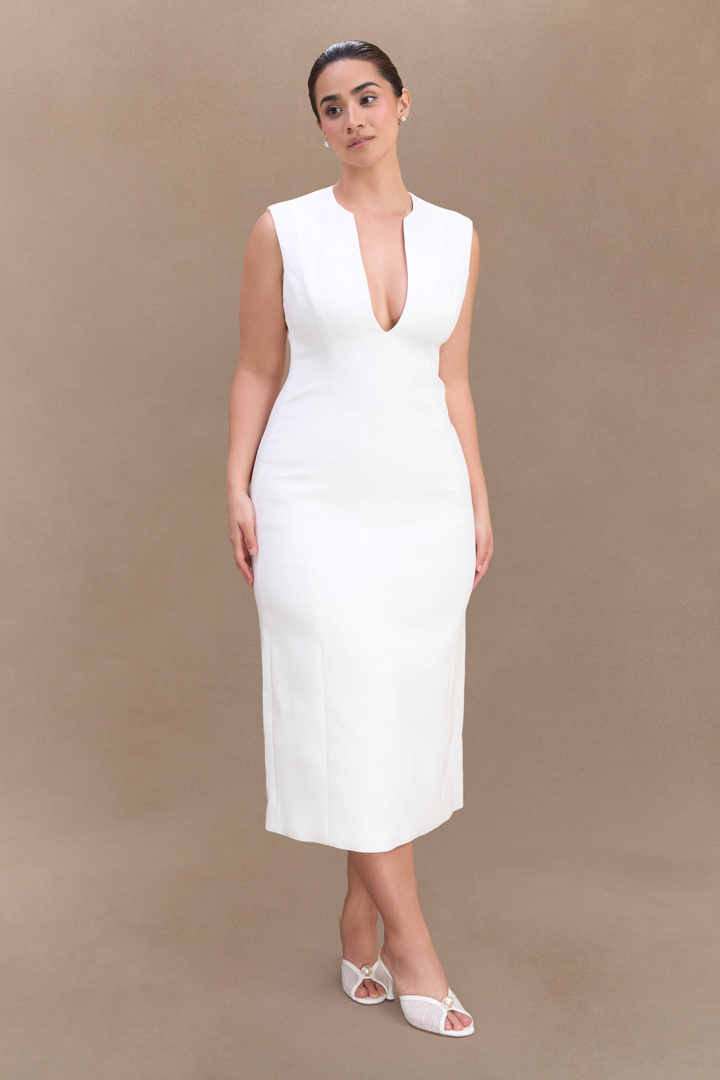 Audrine Suiting Sleeveless Midi Dress in Ivory – Chic&Drifts