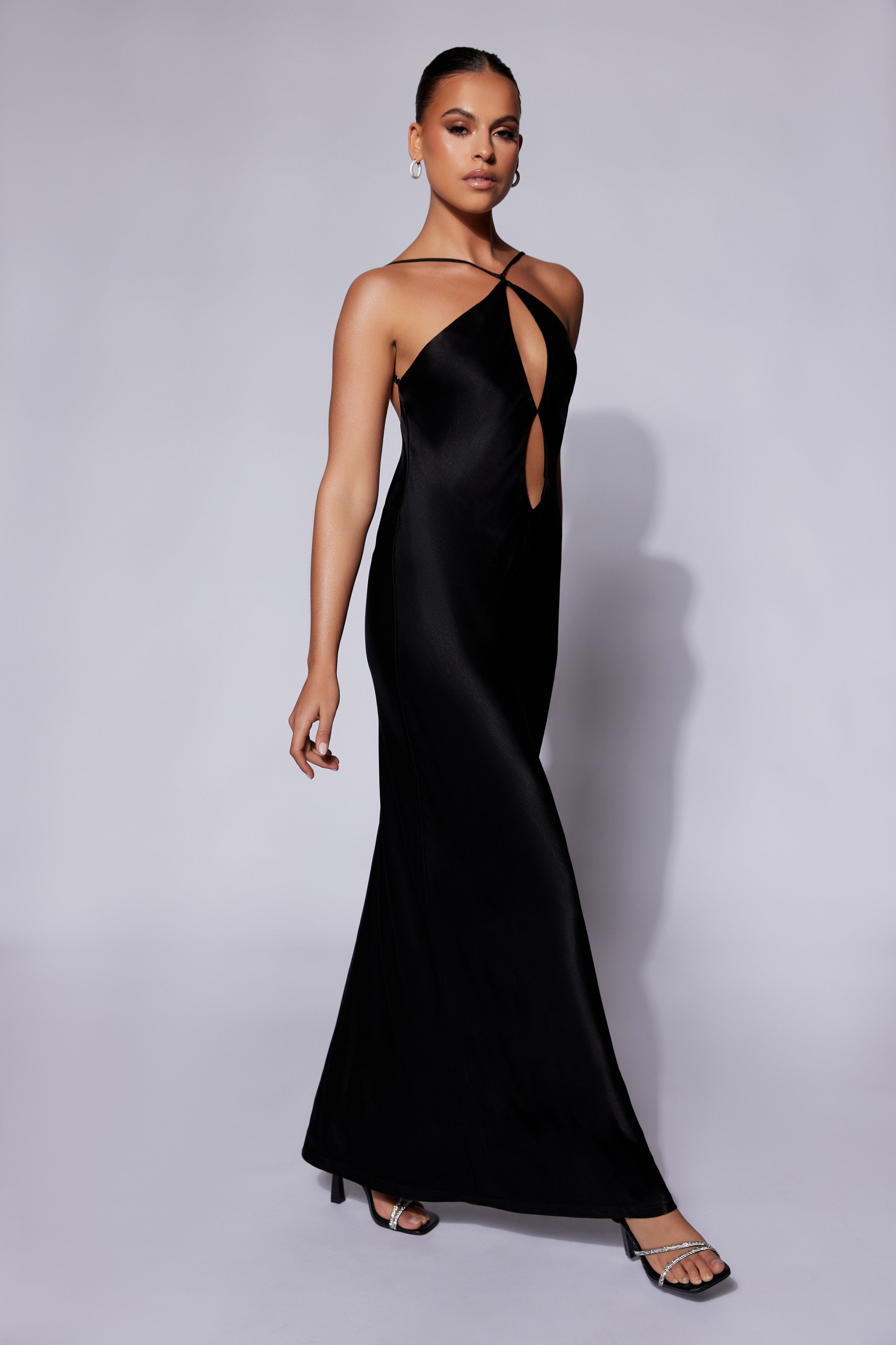 Lucia Satin Cut Out Maxi Dress in Black – Chic&Drifts