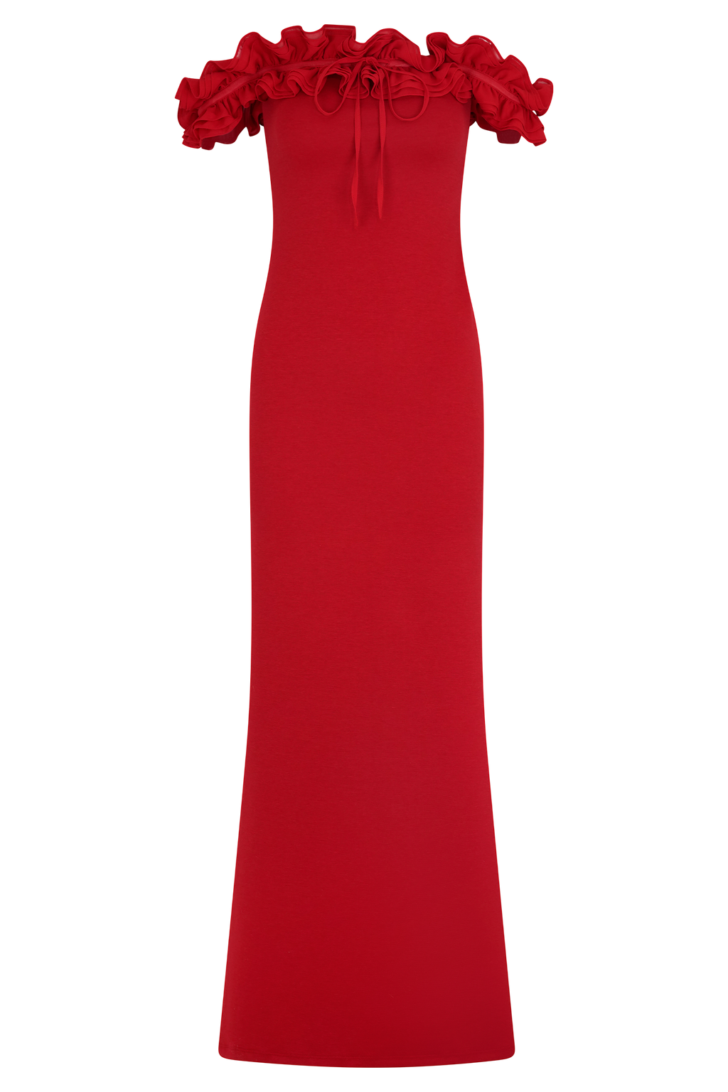 Nova Ruffle Off Shoulder Maxi Dress in Ruby – Chic&Drifts
