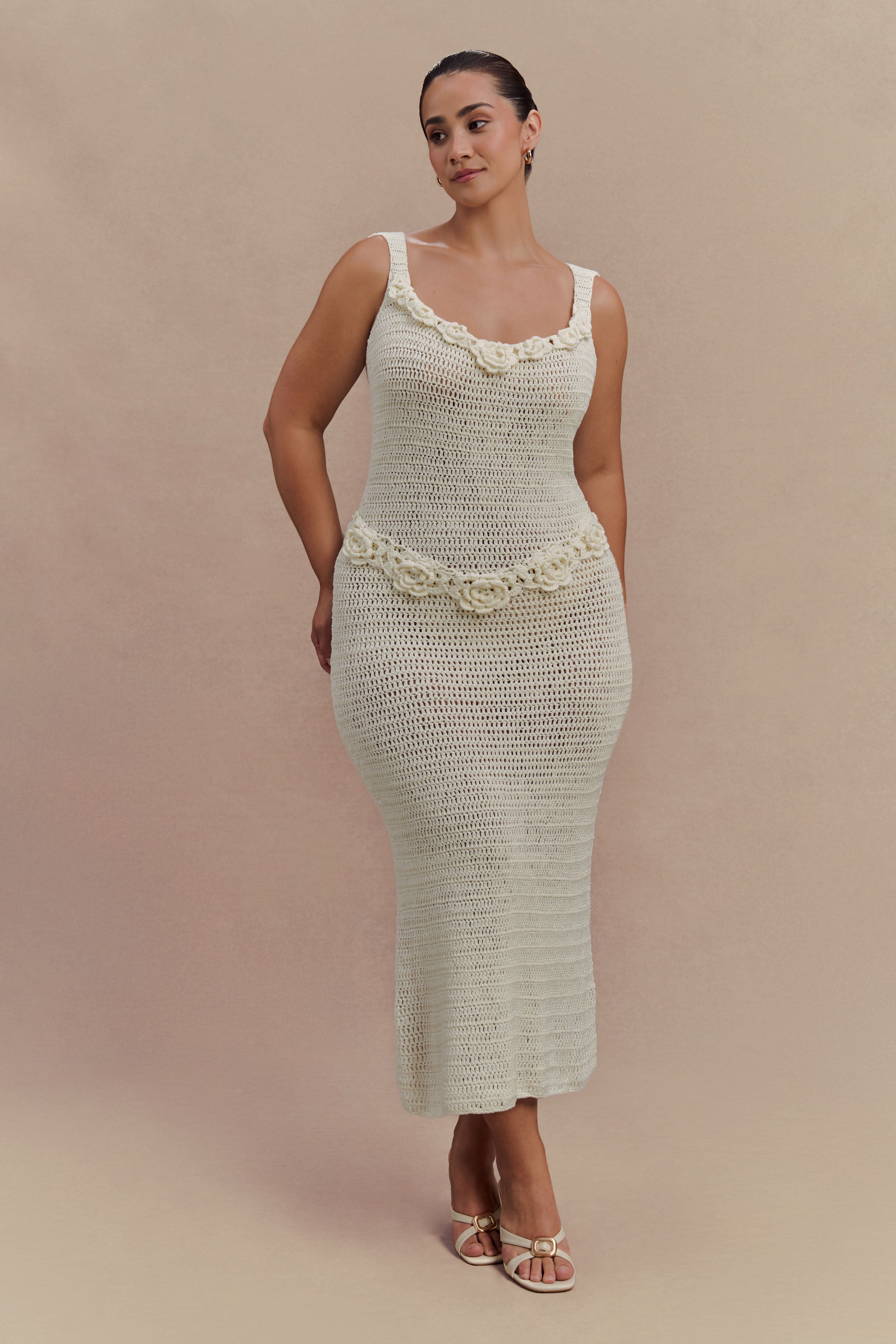 Teagan Floral Hand Crochet Midi Dress in Ivory – Chic&Drifts