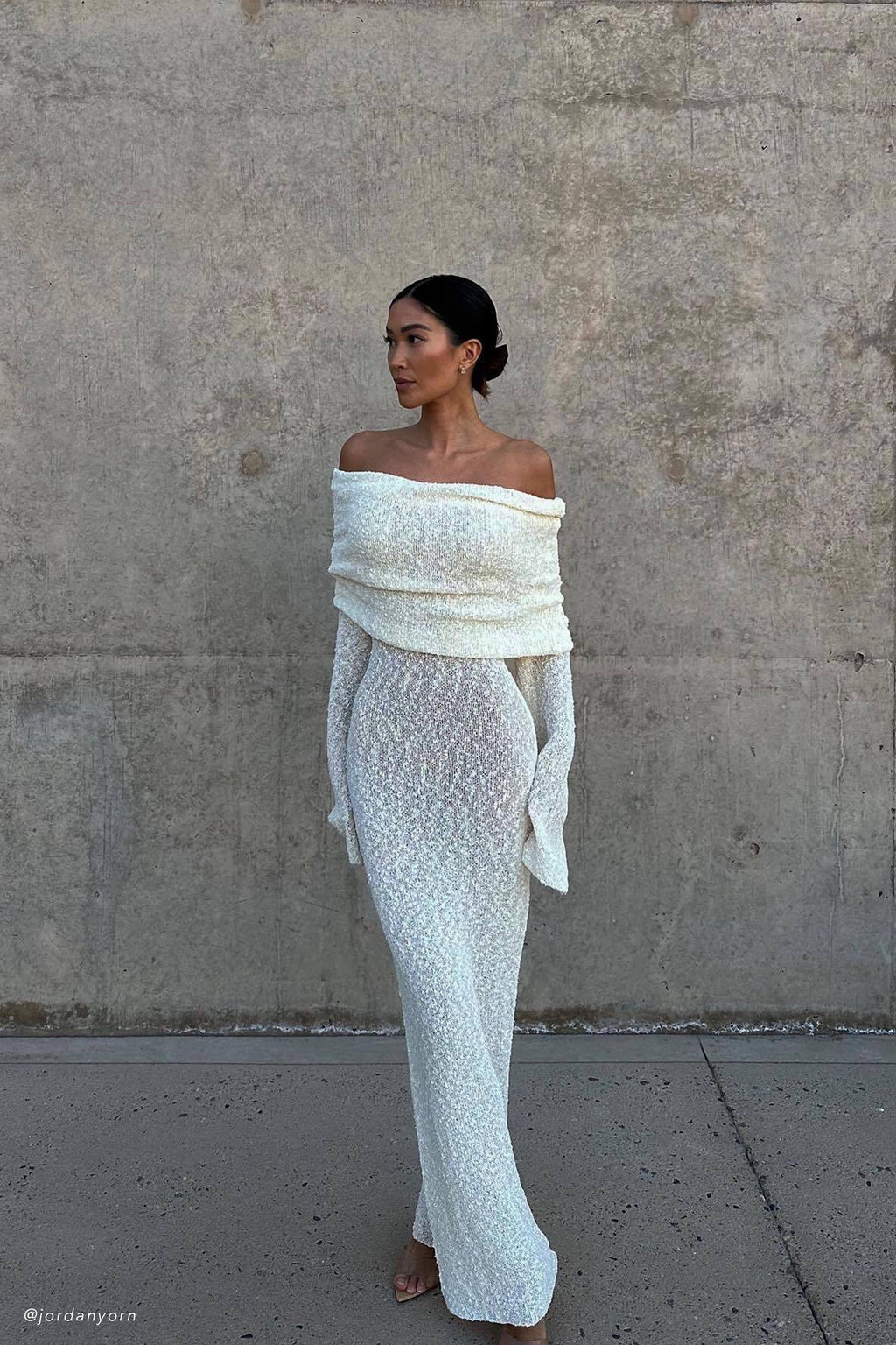 Marisol Off Shoulder Boucle Maxi Dress in Ivory – Chic&Drifts