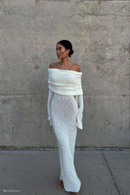 Marisol Off Shoulder Boucle Maxi Dress in Ivory – Chic&Drifts