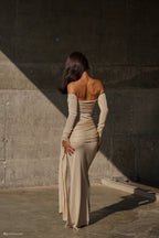 Ingrid Metallic Knit Maxi Dress in Bronze – Chic&Drifts